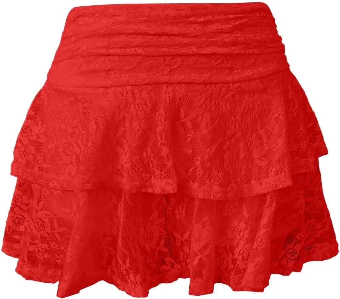 Lace Mini Skirt for Women Elastic Pleated Ruffle Skirt Low Waist Layered Flowy Short Skirts