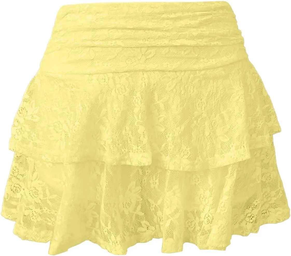 Lace Mini Skirt for Women Elastic Pleated Ruffle Skirt Low Waist Layered Flowy Short Skirts