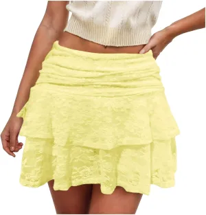 Lace Mini Skirt for Women Elastic Pleated Ruffle Skirt Low Waist Layered Flowy Short Skirts