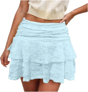 Lace Mini Skirt for Women Elastic Pleated Ruffle Skirt Low Waist Layered Flowy Short Skirts