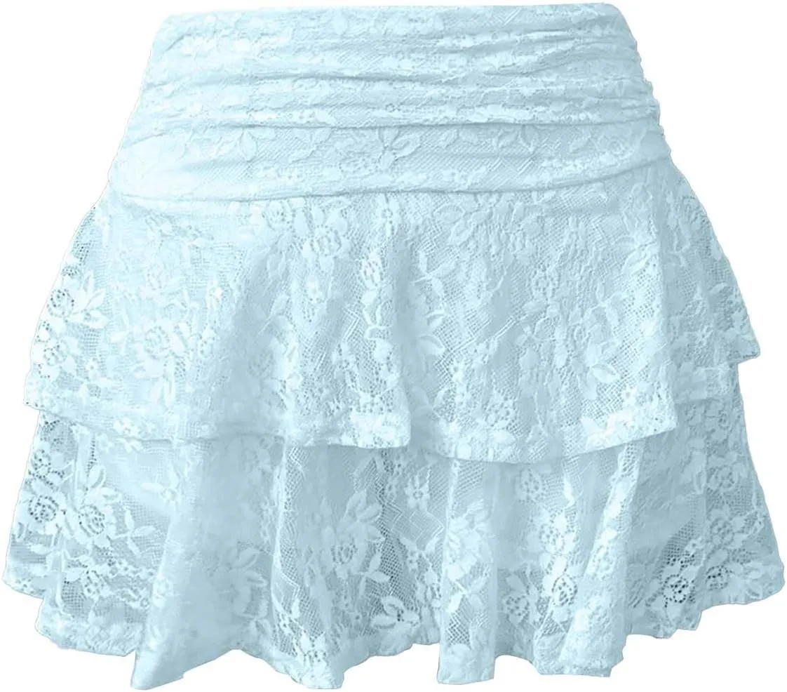 Lace Mini Skirt for Women Elastic Pleated Ruffle Skirt Low Waist Layered Flowy Short Skirts