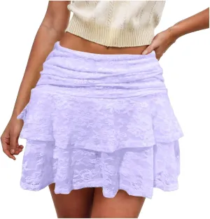 Lace Mini Skirt for Women Elastic Pleated Ruffle Skirt Low Waist Layered Flowy Short Skirts