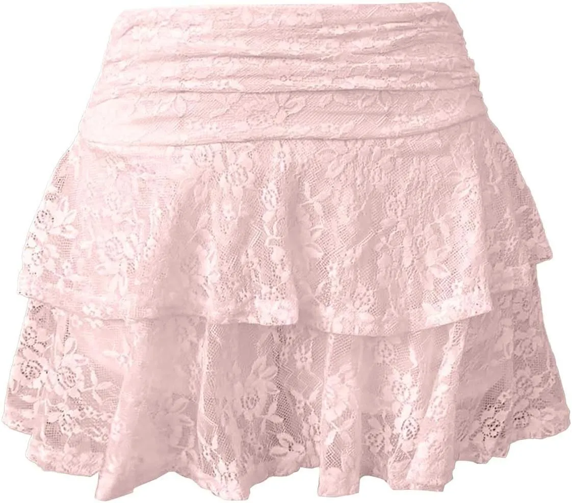 Lace Mini Skirt for Women Elastic Pleated Ruffle Skirt Low Waist Layered Flowy Short Skirts