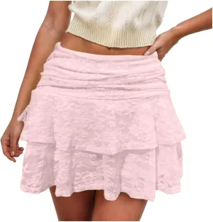 Lace Mini Skirt for Women Elastic Pleated Ruffle Skirt Low Waist Layered Flowy Short Skirts
