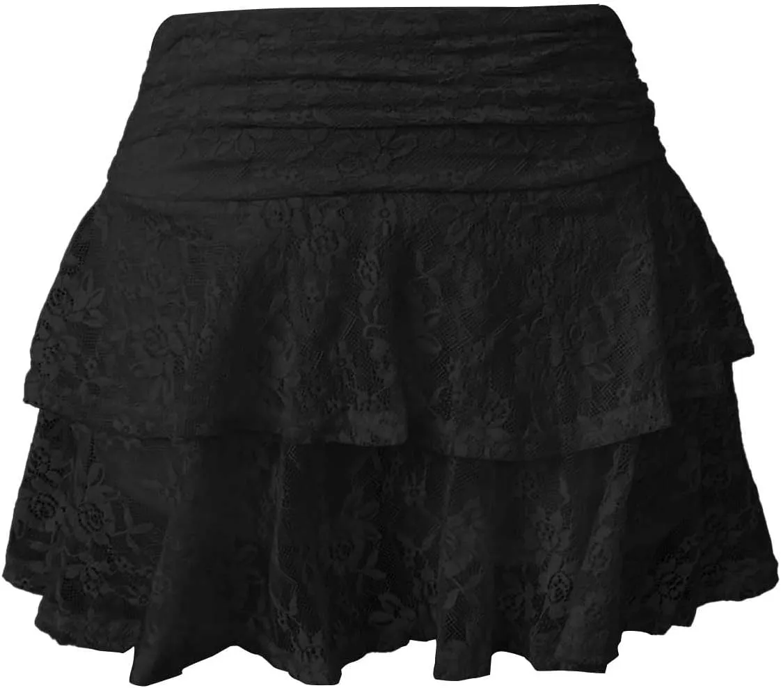 Lace Mini Skirt for Women Elastic Pleated Ruffle Skirt Low Waist Layered Flowy Short Skirts