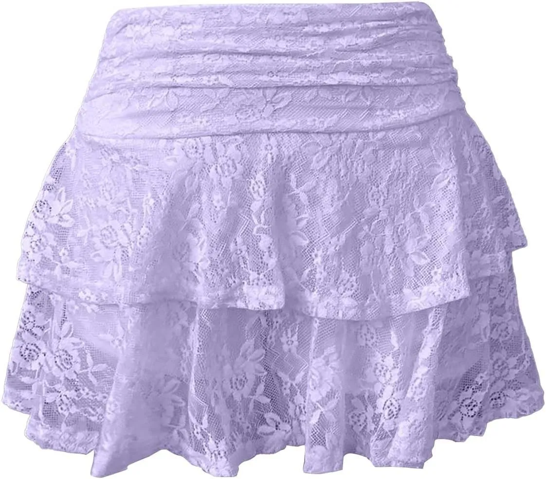 Lace Mini Skirt for Women Elastic Pleated Ruffle Skirt Low Waist Layered Flowy Short Skirts