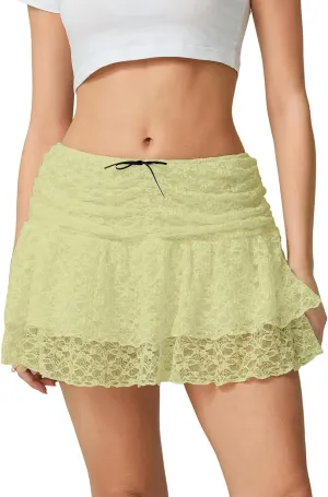 Lace Skirts for Women Mini Length Ruched Waist Low Rise Lace Pleated Bow Front Summer Layered Y2k Skirts