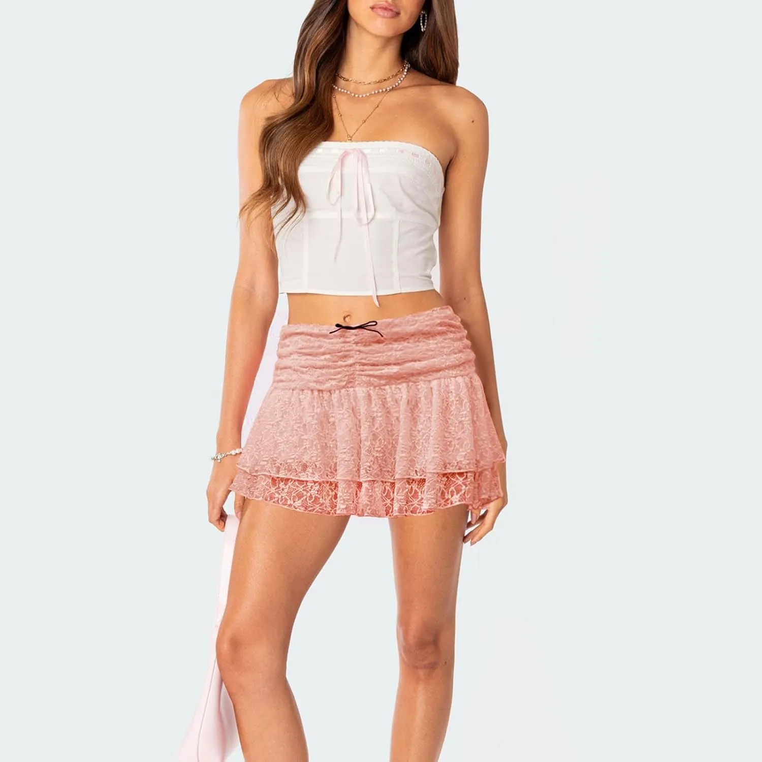 Lace Skirts for Women Mini Length Ruched Waist Low Rise Lace Pleated Bow Front Summer Layered Y2k Skirts
