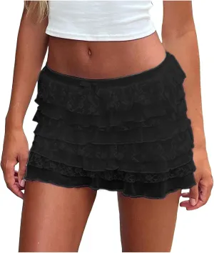 Lace Skirts for Women Y2k Low Waist Pleated Ruffle Hem Layered Flowy Short Skirt Underskirt for Party Club Streetwear