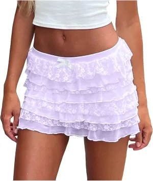 Lace Skirts for Women Y2k Low Waist Pleated Ruffle Hem Layered Flowy Short Skirt Underskirt for Party Club Streetwear