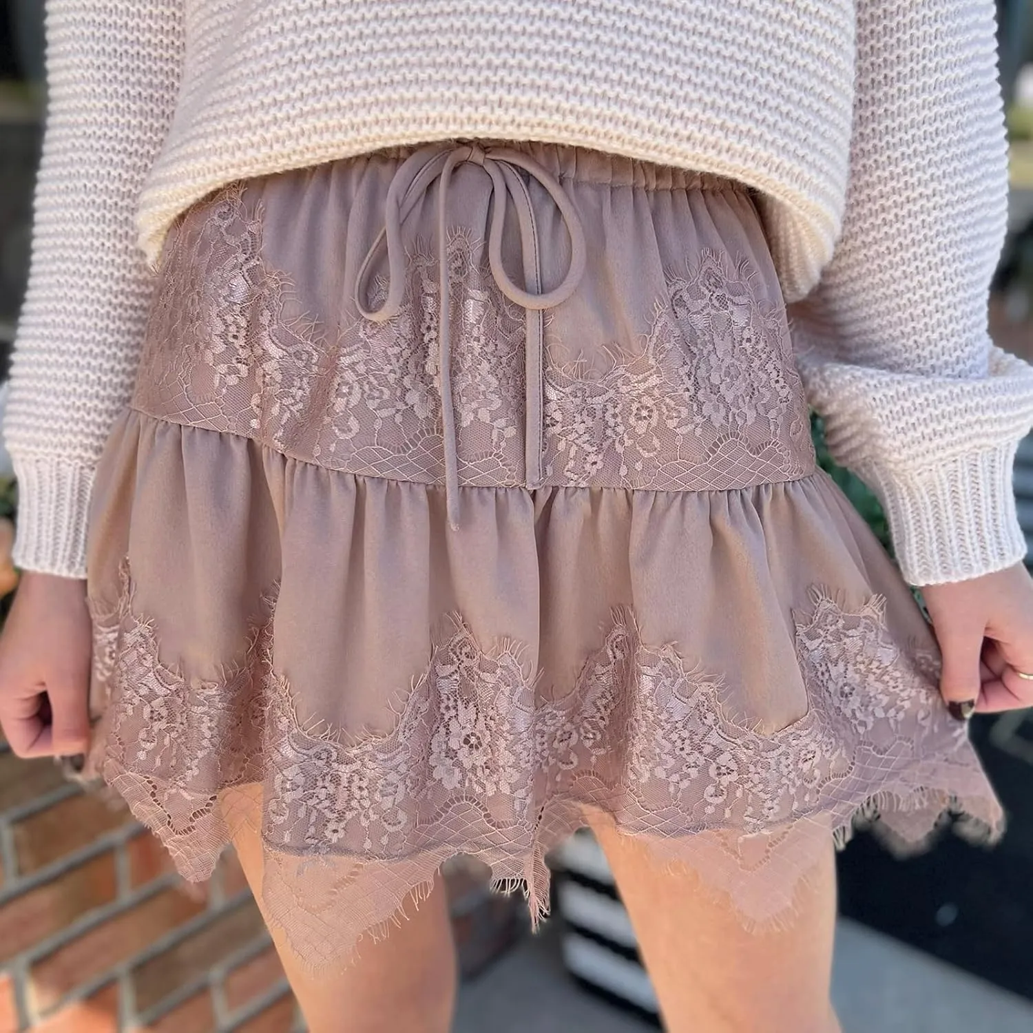 Lace Slip Skirt for Women Low Rise Layered Pleated Flowy Mini Skirt Teen Girls Fairy Sheer Mesh Floral Ruffle Short Skirt