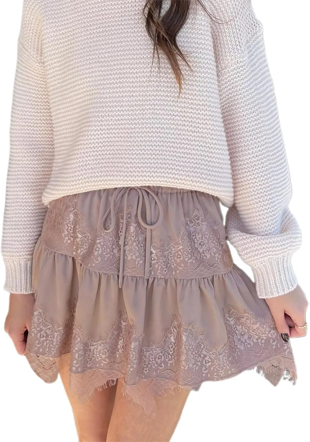 Lace Slip Skirt for Women Low Rise Layered Pleated Flowy Mini Skirt Teen Girls Fairy Sheer Mesh Floral Ruffle Short Skirt