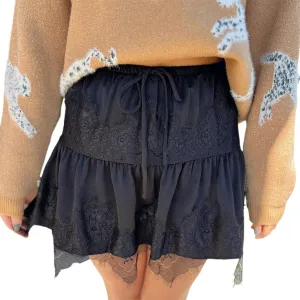 Lace Slip Skirt for Women Low Rise Layered Pleated Flowy Mini Skirt Teen Girls Fairy Sheer Mesh Floral Ruffle Short Skirt