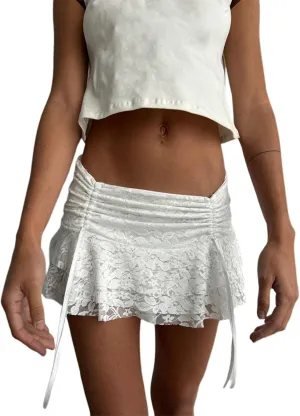 Lace Slip Skirt for Women Low Rise Layered Pleated Flowy Mini Skirt Teen Girls Fairy Sheer Mesh Floral Ruffle Short Skirt