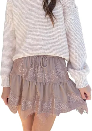 Lace Slip Skirt for Women Low Rise Layered Pleated Flowy Mini Skirt Teen Girls Fairy Sheer Mesh Floral Ruffle Short Skirt