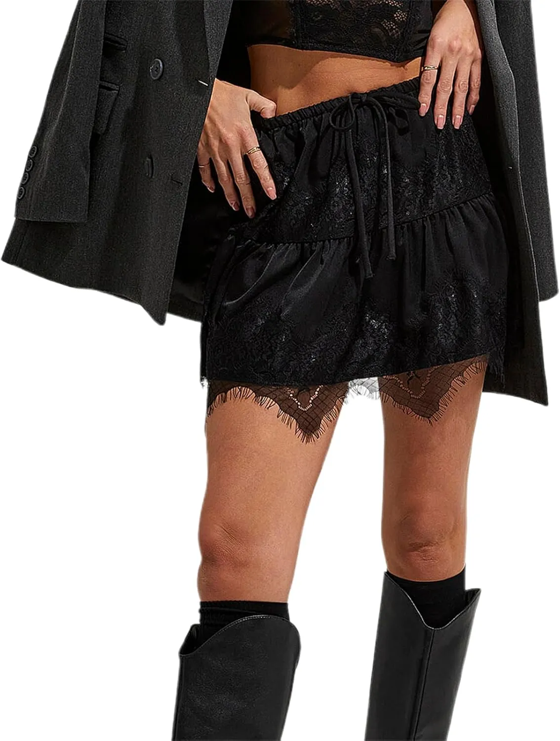 Lace Slip Skirt for Women Low Rise Layered Pleated Flowy Mini Skirt Teen Girls Fairy Sheer Mesh Floral Ruffle Short Skirt