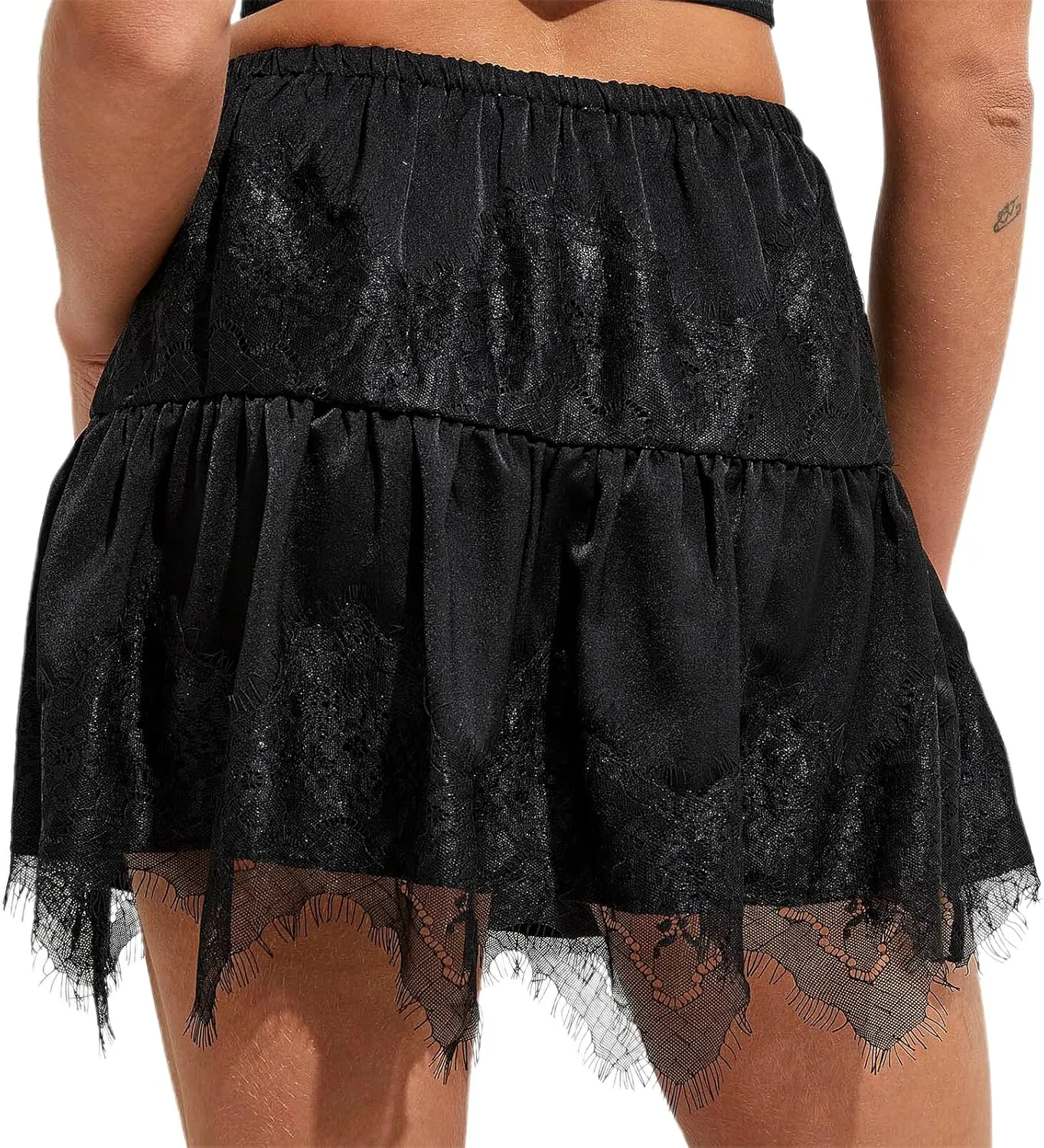 Lace Slip Skirt for Women Low Rise Layered Pleated Flowy Mini Skirt Teen Girls Fairy Sheer Mesh Floral Ruffle Short Skirt