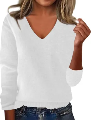 Ladies Sweaters Long Sleeve Deep V Neck Cashmere Sweaters Soft Wool Tunic Sweaters Tops Trendy Ribbed Cuffs Sweaters