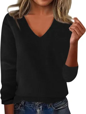 Ladies Sweaters Long Sleeve Deep V Neck Cashmere Sweaters Soft Wool Tunic Sweaters Tops Trendy Ribbed Cuffs Sweaters
