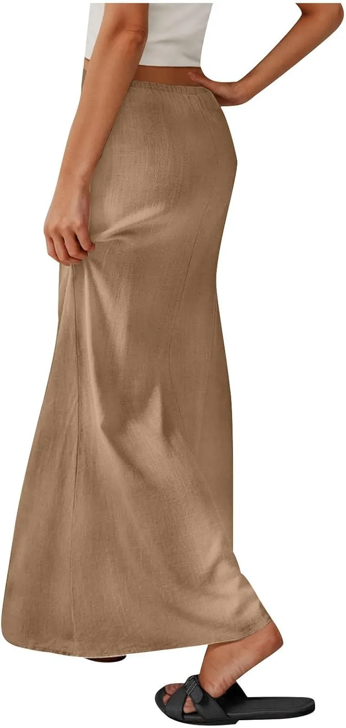 Lightweight Maxi Skirt for Women High Waisted Drawstring Elegant Trendy Summer Comfy Beach Solid Color Long Skirt