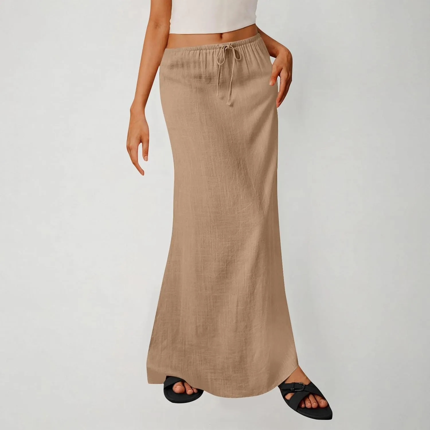 Lightweight Maxi Skirt for Women High Waisted Drawstring Elegant Trendy Summer Comfy Beach Solid Color Long Skirt