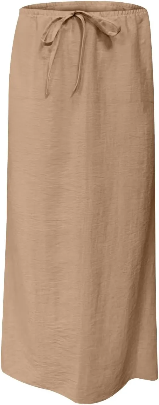 Lightweight Maxi Skirt for Women High Waisted Drawstring Elegant Trendy Summer Comfy Beach Solid Color Long Skirt
