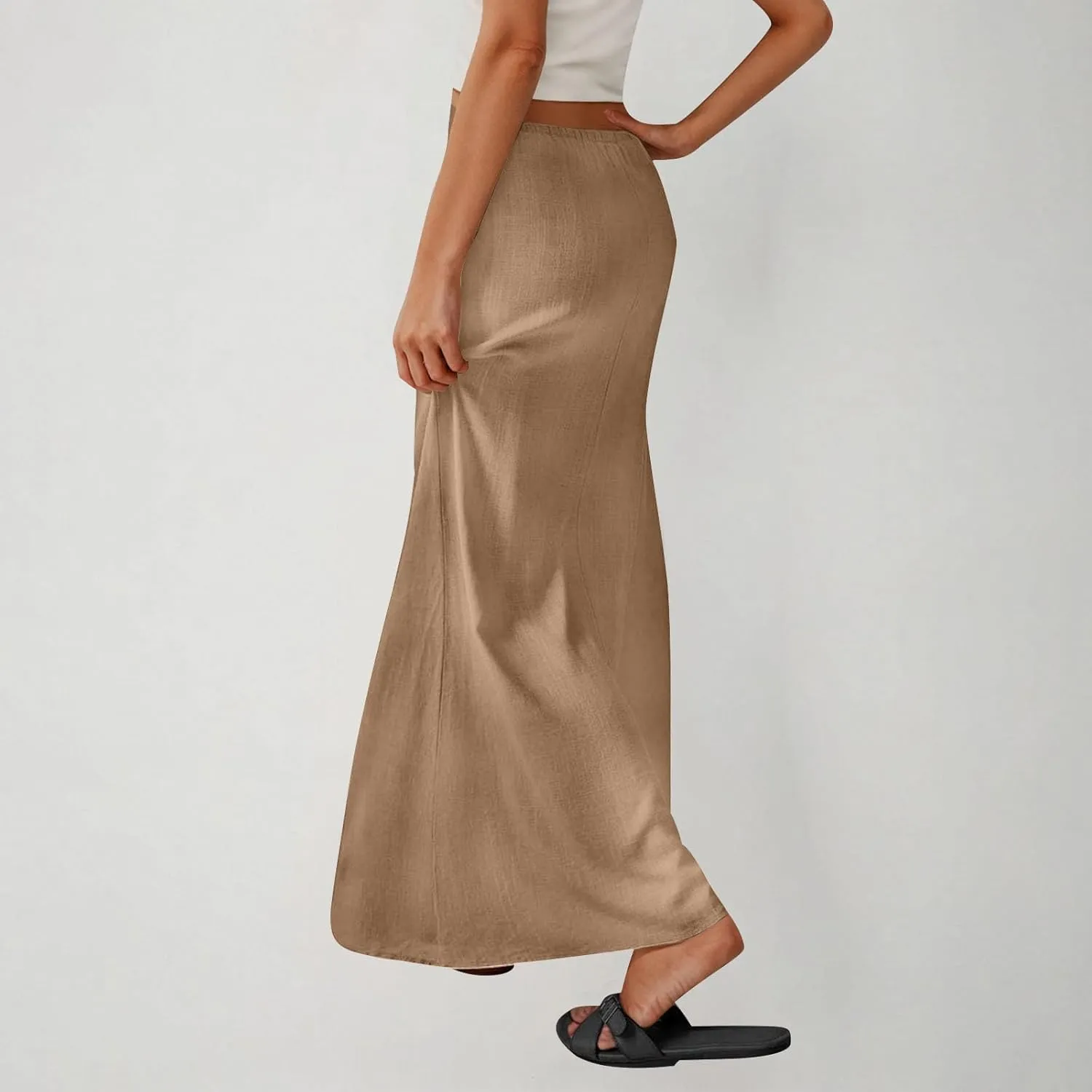 Lightweight Maxi Skirt for Women High Waisted Drawstring Elegant Trendy Summer Comfy Beach Solid Color Long Skirt