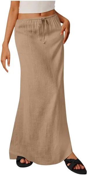 Lightweight Maxi Skirt for Women High Waisted Drawstring Elegant Trendy Summer Comfy Beach Solid Color Long Skirt