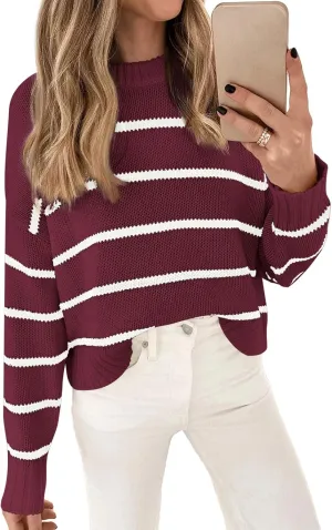 LILLUSORY Womens Cropped Striped Sweater Casual Pullover Ribbed Knit Cute Crewneck Sweaters
