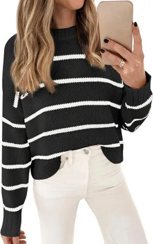 LILLUSORY Womens Cropped Striped Sweater Casual Pullover Ribbed Knit Cute Crewneck Sweaters