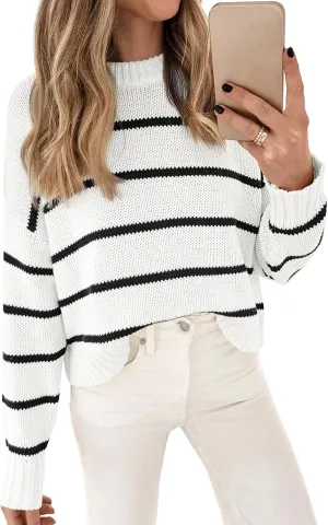 LILLUSORY Womens Cropped Striped Sweater Casual Pullover Ribbed Knit Cute Crewneck Sweaters