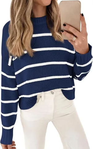 LILLUSORY Womens Cropped Striped Sweater Casual Pullover Ribbed Knit Cute Crewneck Sweaters