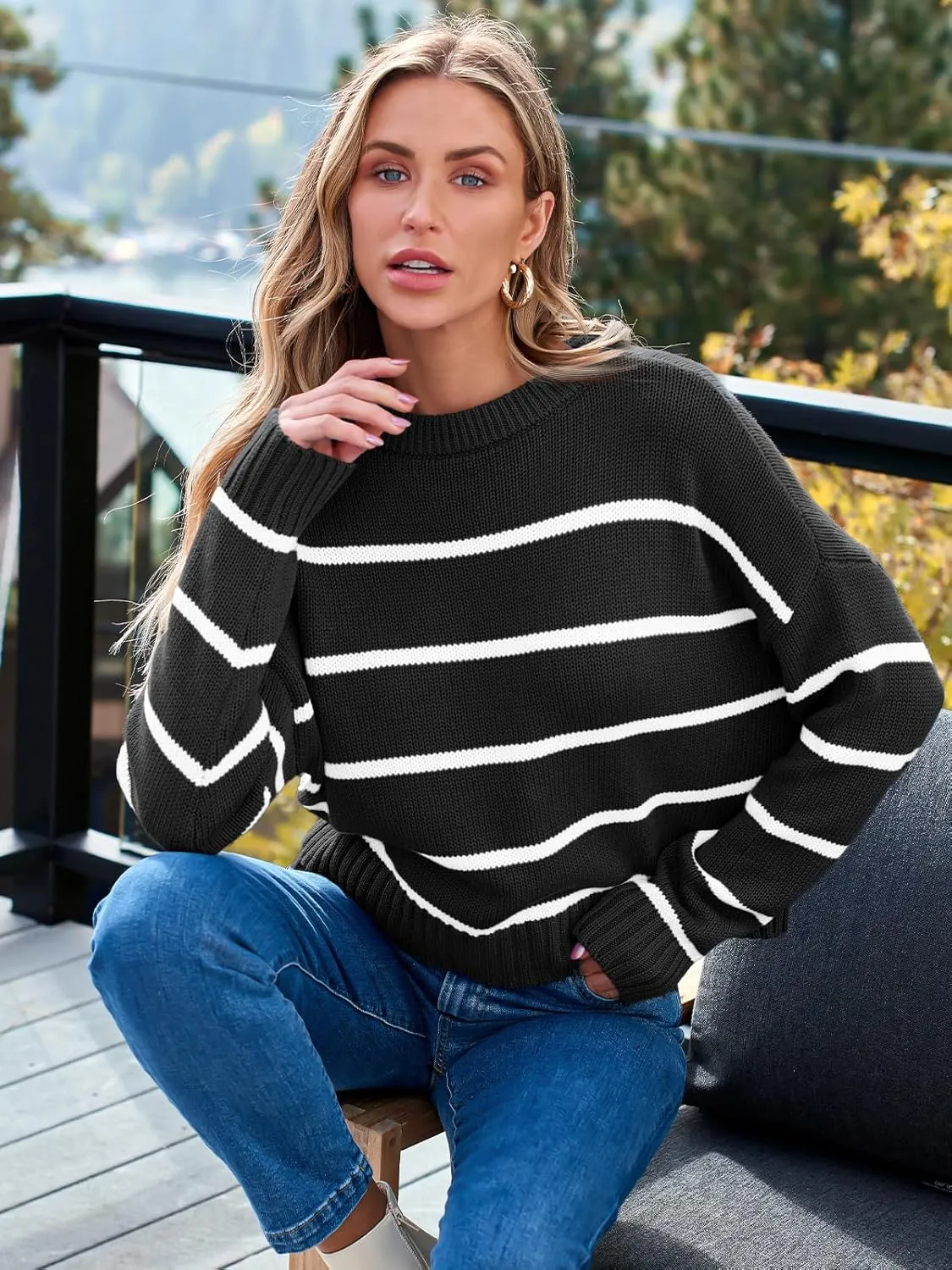 LILLUSORY Womens Cropped Striped Sweater Casual Pullover Ribbed Knit Cute Crewneck Sweaters