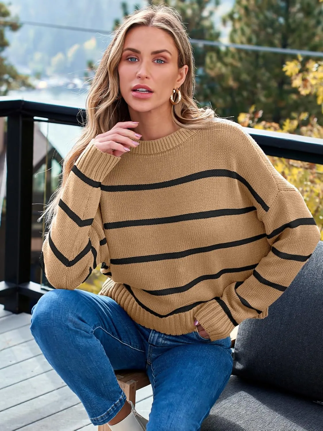 LILLUSORY Womens Cropped Striped Sweater Casual Pullover Ribbed Knit Cute Crewneck Sweaters