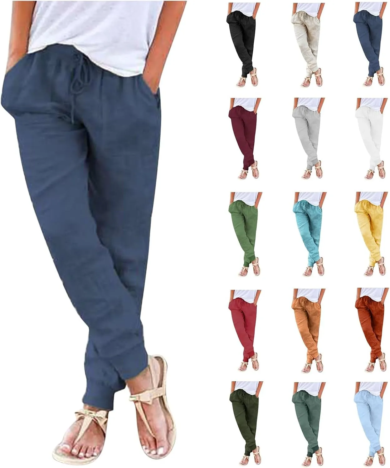 Linen Joggers for Women Tapered Ankle Pants Wide Leg Cargo Pants Drawstring Elastic Waist Casual Slacks with Pockets