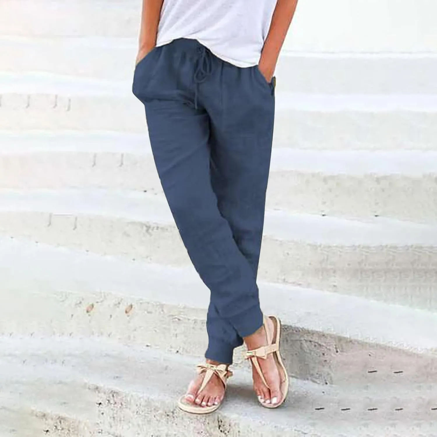 Linen Joggers for Women Tapered Ankle Pants Wide Leg Cargo Pants Drawstring Elastic Waist Casual Slacks with Pockets