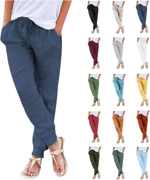 Linen Joggers for Women Tapered Ankle Pants Wide Leg Cargo Pants Drawstring Elastic Waist Casual Slacks with Pockets