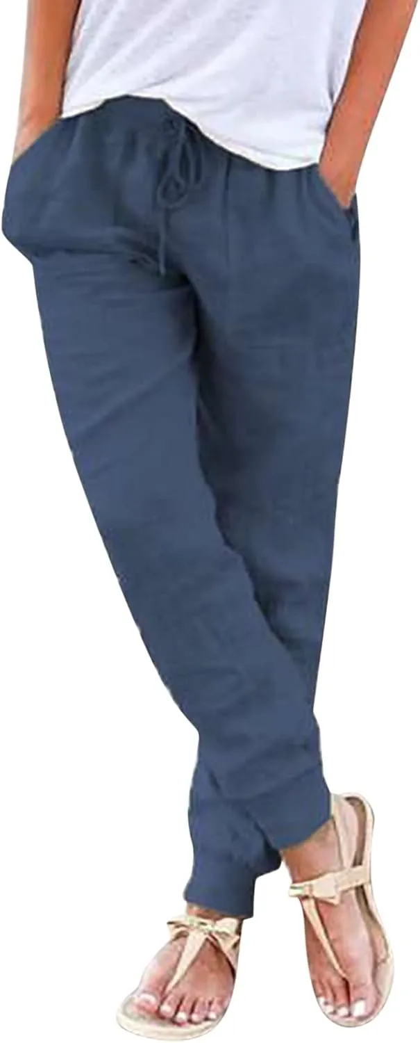 Linen Joggers for Women Tapered Ankle Pants Wide Leg Cargo Pants Drawstring Elastic Waist Casual Slacks with Pockets