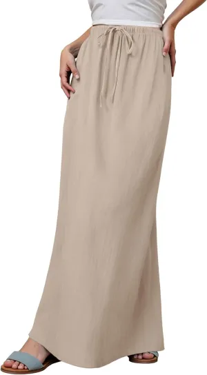 Linen Maxi Skirts for Women Summer Elastic Waist Drawstring A Line Long Flared Comfy Cute Vacation Boho Flowy Skirt