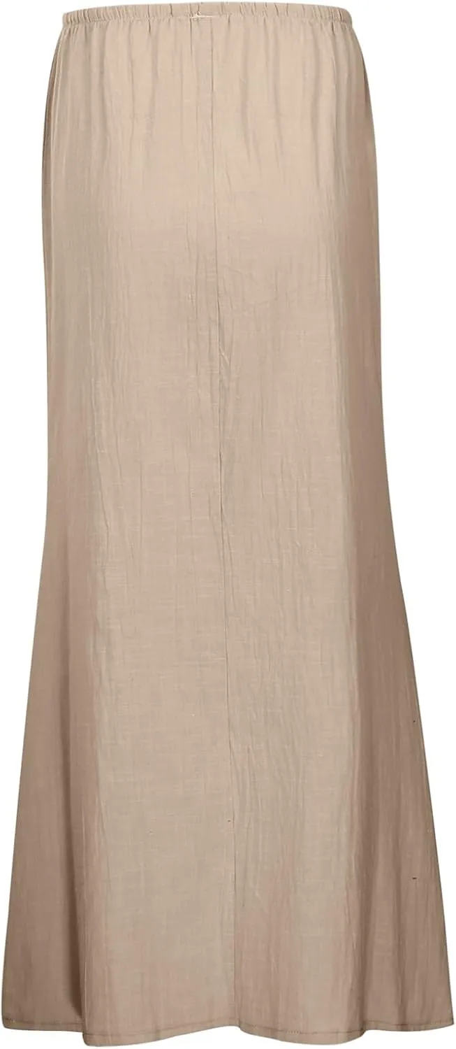 Linen Maxi Skirts for Women Summer Elastic Waist Drawstring A Line Long Flared Comfy Cute Vacation Boho Flowy Skirt