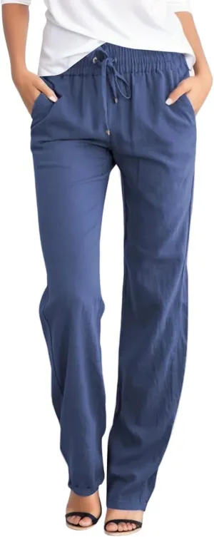 Linen Pants Women Casual High Waist Linen Pants Drawstring Loose Fit Summer Pants Trousers with Side Pockets