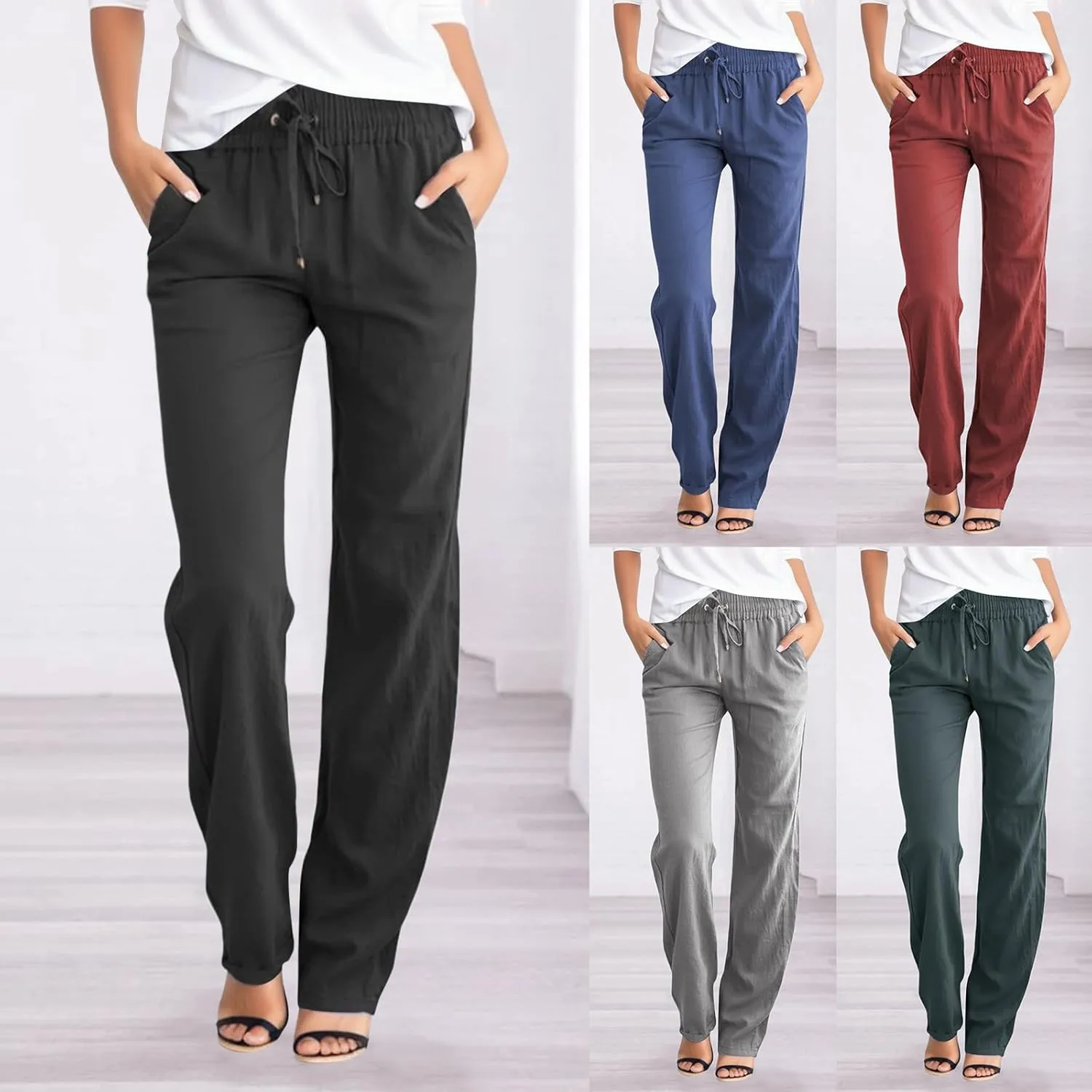 Linen Pants Women Casual High Waist Linen Pants Drawstring Loose Fit Summer Pants Trousers with Side Pockets