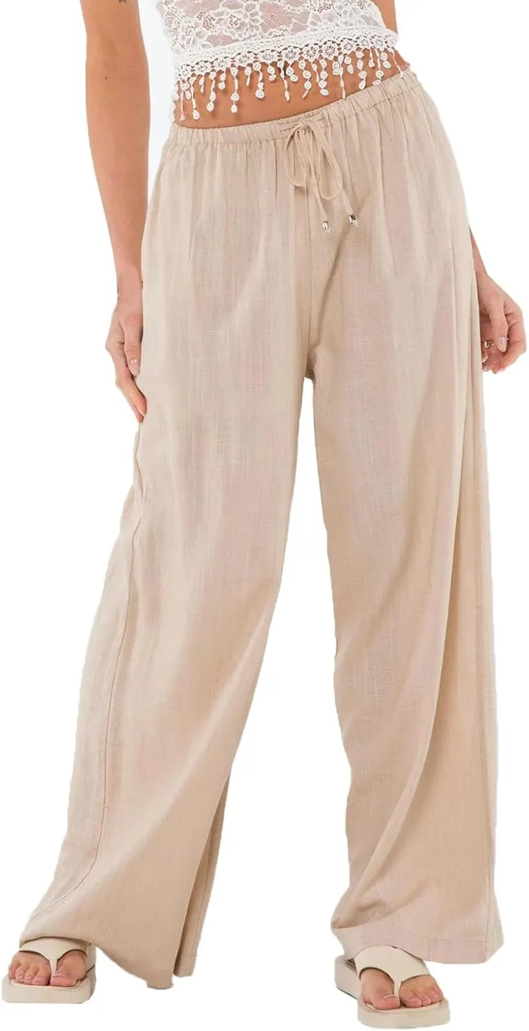 Linen Pants Women Petite Length Casual Wide Leg Pants for Women Elastic High Waist Tie Solid Lounge Pants Pockets