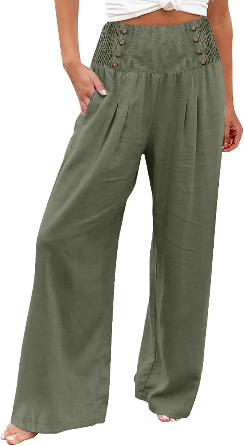 Linen Pants Women Petite Length Casual Wide Leg Pants for Women Elastic High Waist Tie Solid Lounge Pants Pockets