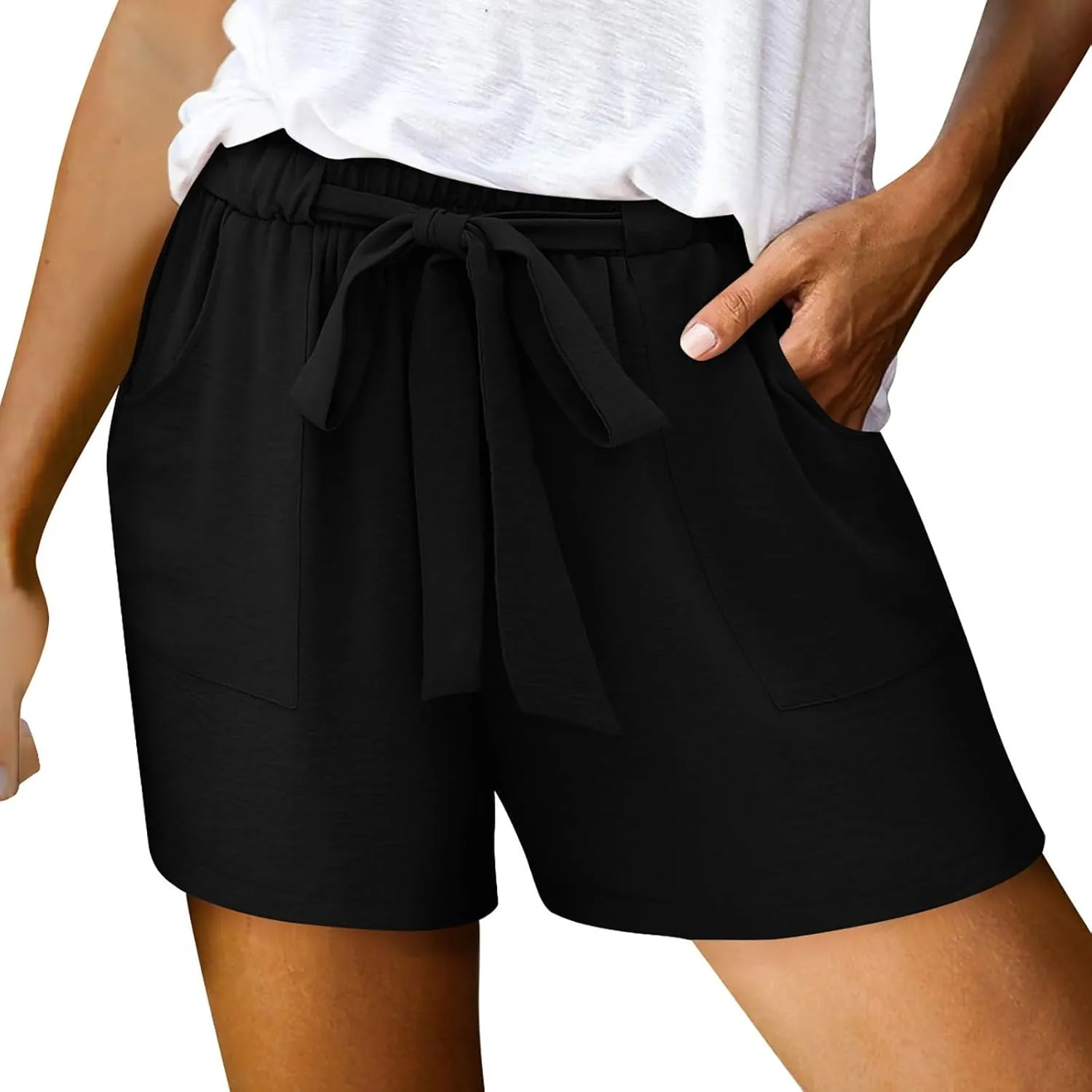 Linen Shorts for Women High Waisted Cotton Shorts Wide Leg Drawstring Pants Elastic Waist Short Pants with Pockets