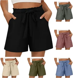 Linen Shorts for Women High Waisted Cotton Shorts Wide Leg Drawstring Pants Elastic Waist Short Pants with Pockets