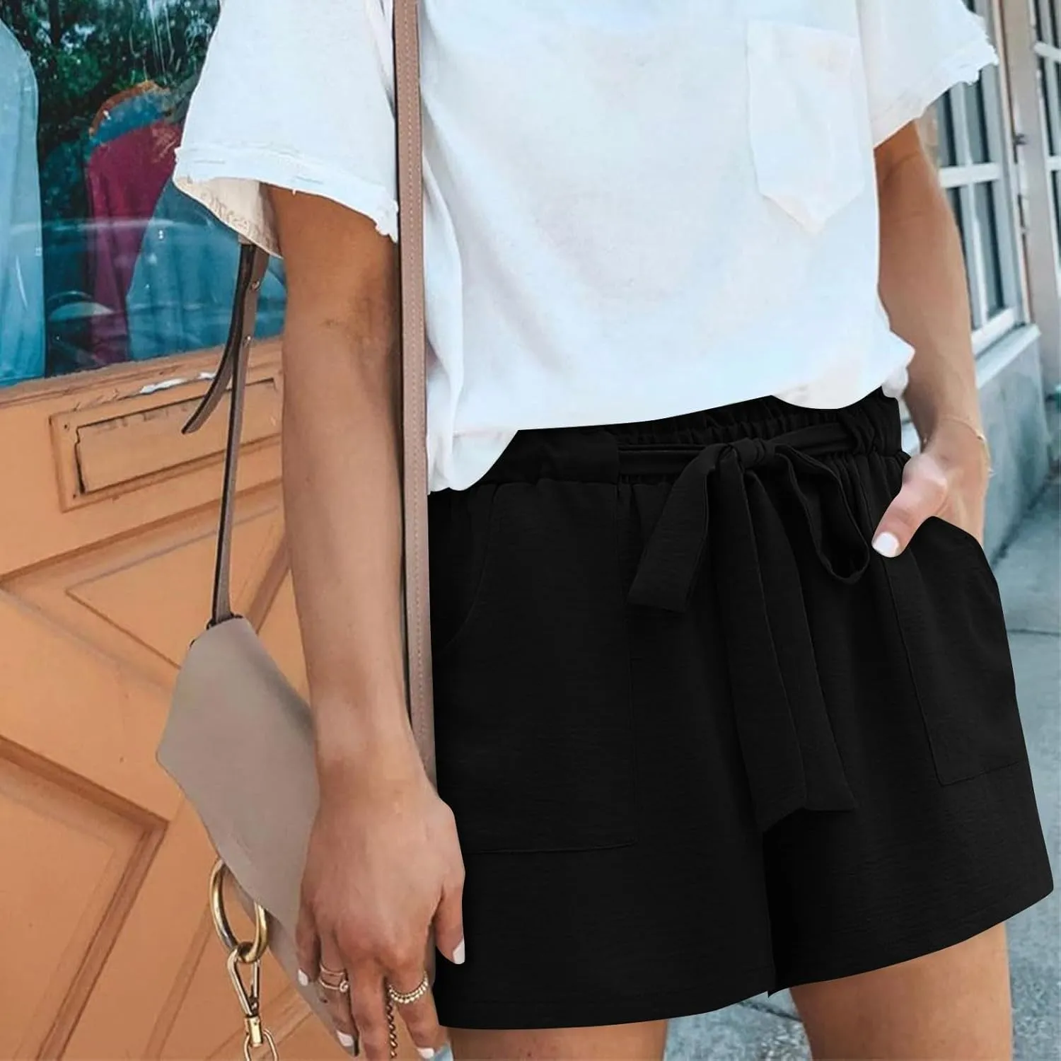 Linen Shorts for Women High Waisted Cotton Shorts Wide Leg Drawstring Pants Elastic Waist Short Pants with Pockets