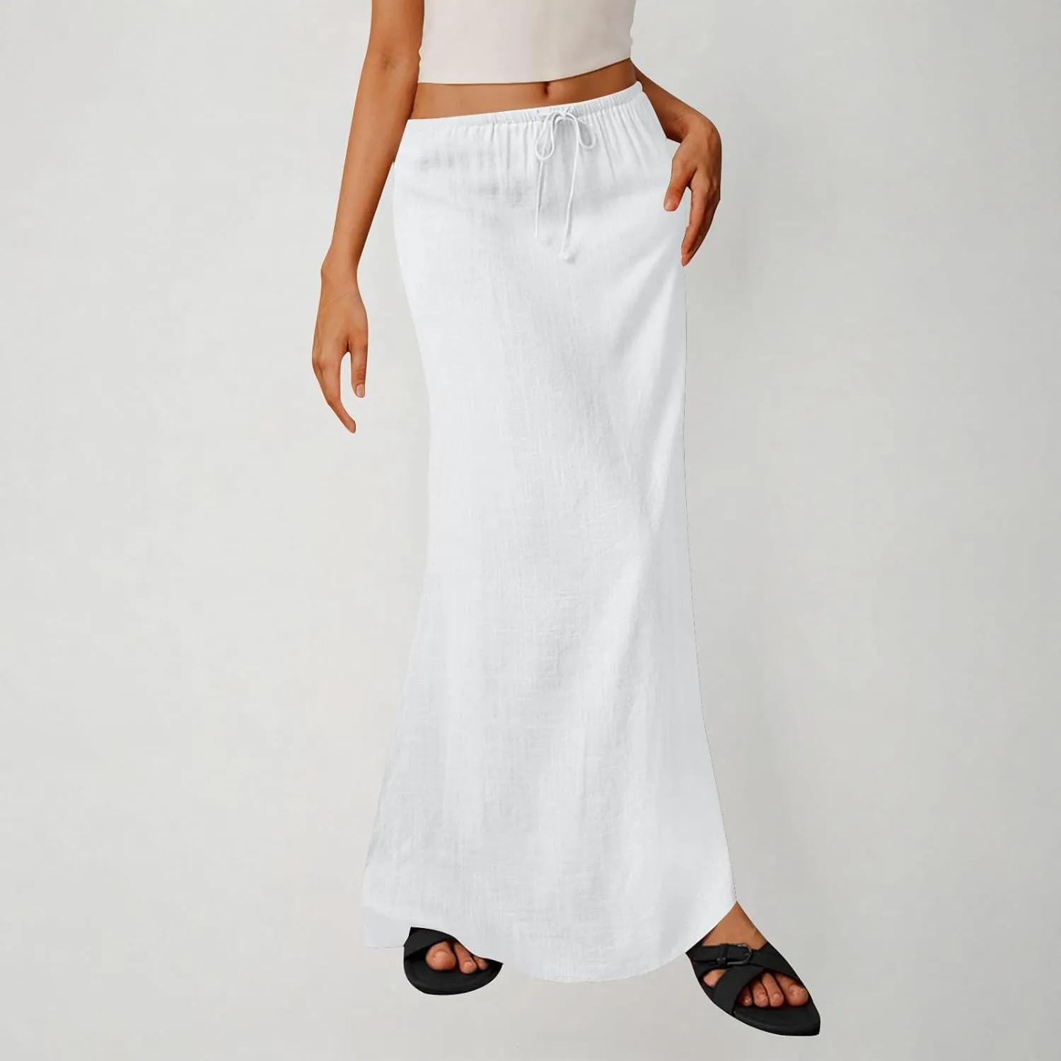 Linen Skirts for Women Summer Trendy Drawstring Low Waist A Line Skirt Casual Loose Flowy Beach Vacation Boho Skirts