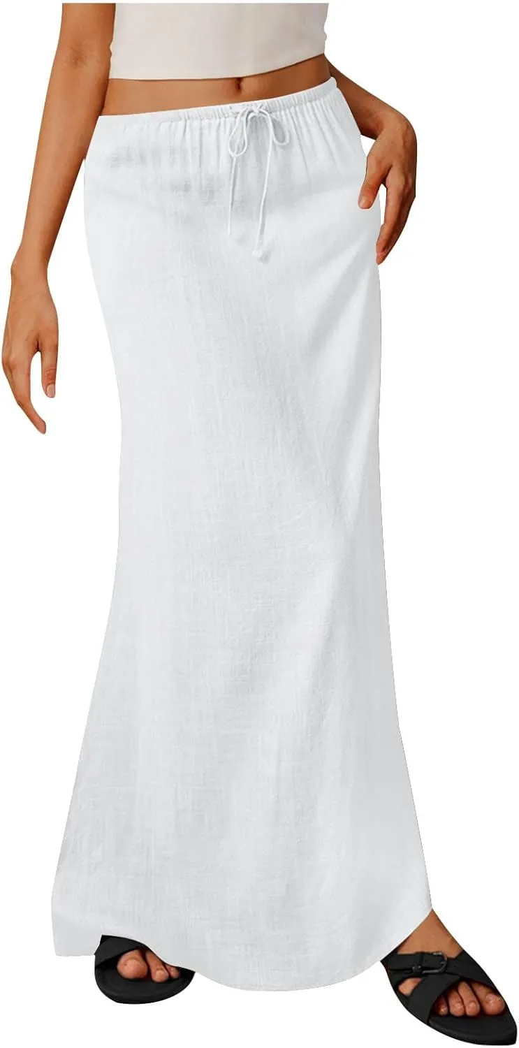 Linen Skirts for Women Summer Trendy Drawstring Low Waist A Line Skirt Casual Loose Flowy Beach Vacation Boho Skirts