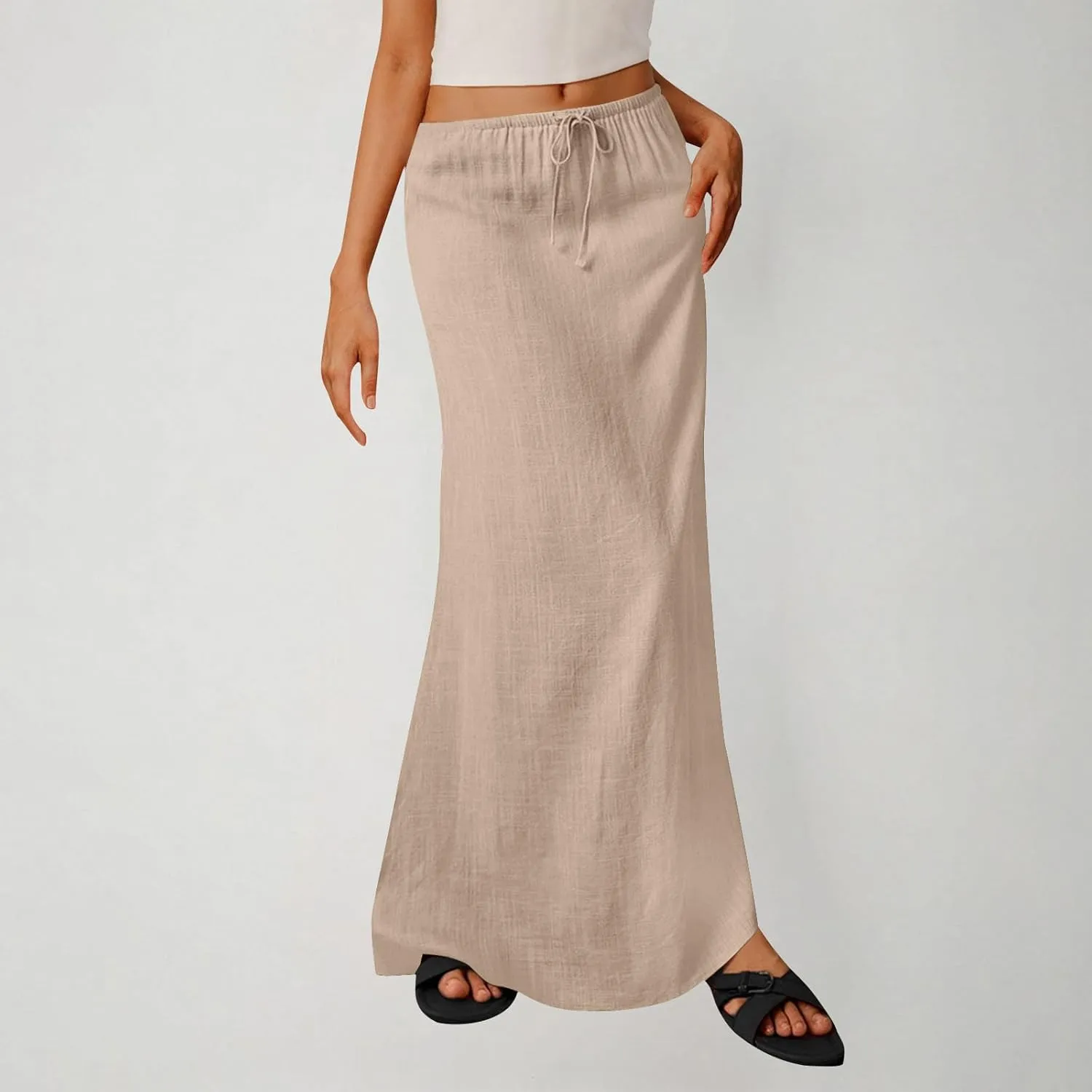 Linen Skirts for Women Summer Trendy Drawstring Low Waist A Line Skirt Casual Loose Flowy Beach Vacation Boho Skirts